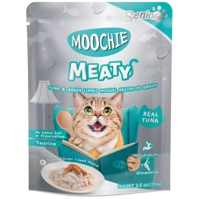 Pouch de atún y mejillón para gatos senior MOOCHIE delicias carnosas (70 g)