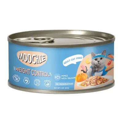 Lata de salmón y pollo para gatos MOOCHIE control de peso (85 g)