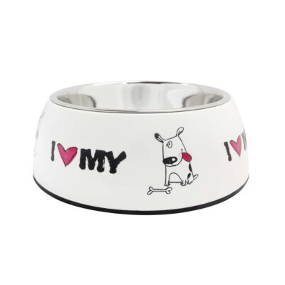 Comedero de acero inoxidable I-Love blanco