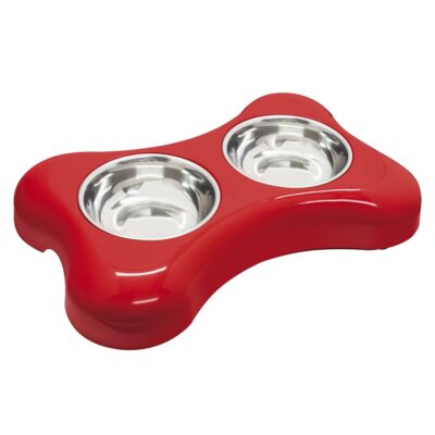 Comedero doble de acero inoxidable Bone rojo